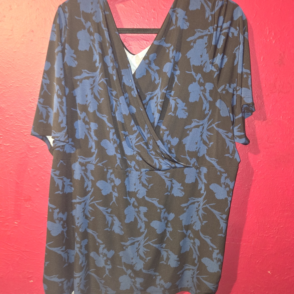 Blue and Black Floral Wrap Top